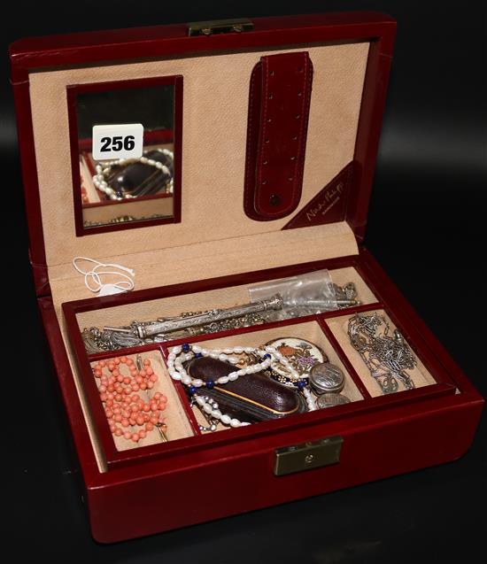Leather box of coral, silver, coral studs & mixed dress jewellery